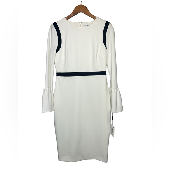 NEW Calvin Klein Cream White Bell Sleeve Sheath Dress with Black Piping - Picture 3 of 11